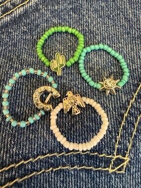 Stretch band Beaded Charm Ring Set - Green, Turquoise, White